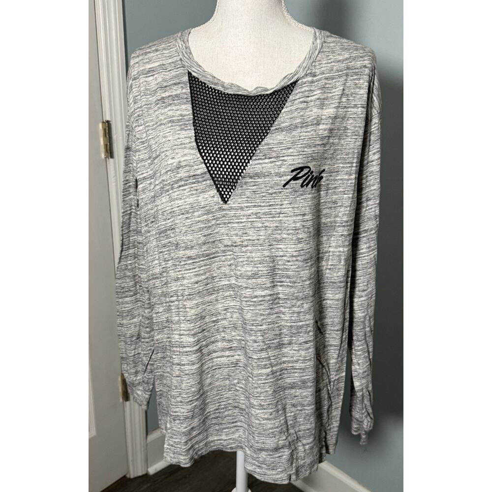 Victoria’s Secret Pink Gray Heathered Long Sleeve Tee, Net/Mesh V-Neck, Large